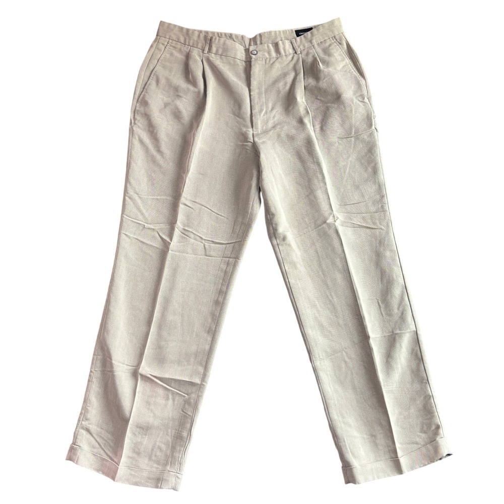 Claiborne Mens Khaki Pleated Cuffed Dress Pants 38x30 Tan Herringbone Rayon